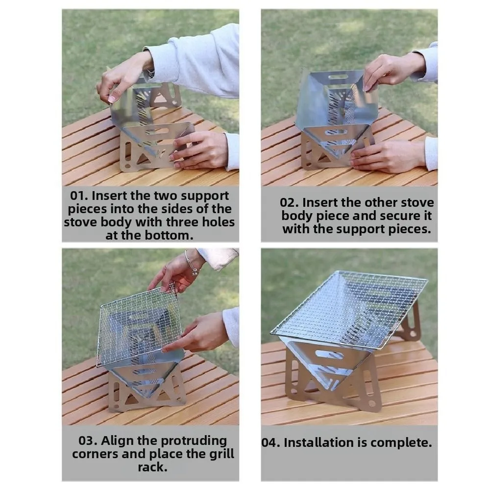 Parrilla de barbacoa plegable desmontable, estufa de barbacoa portátil de acero inoxidable, tipo tarjeta resistente al calor, estante para parrilla de barbacoa, fogata - imagen 5