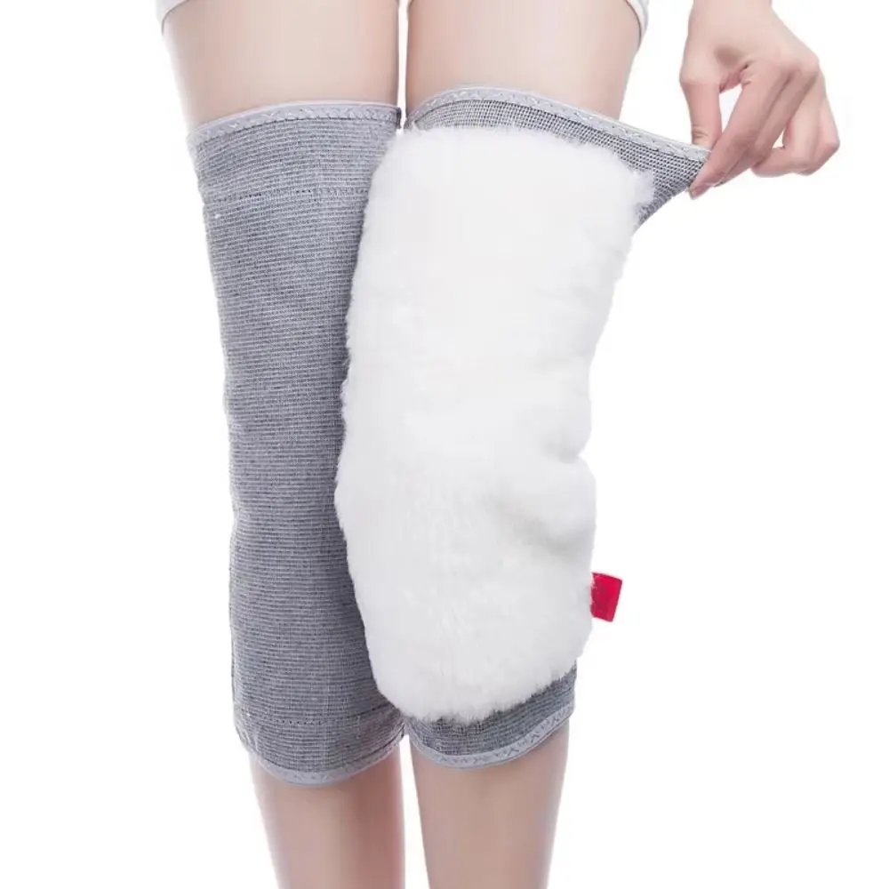 Rodillera de lana gruesa, protección contra el viento, calentador de rodilla de felpa de alta elasticidad, recuperación de articulaciones, calentador de piernas de lana gris/negro, Unisex, 1 par - imagen 4