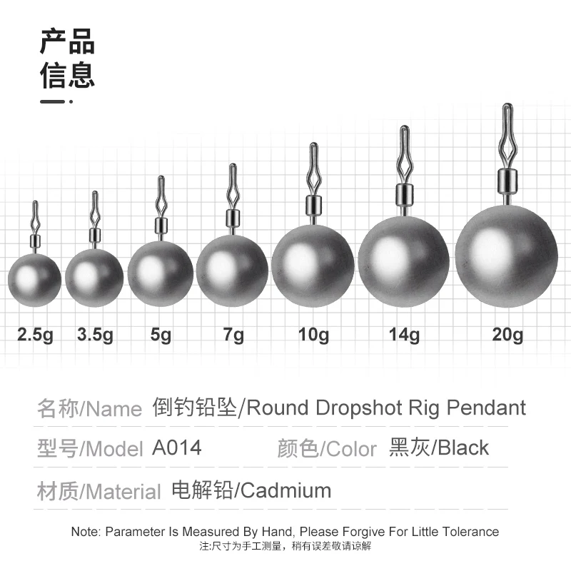 TEASER-A014, 50 unids/lote/bolsa, 2,5g, 3,5g, 5g, 7g, 10g, 14g, 20g, accesorios de pesca, pesas redondas de gota de agua de pesca - imagen 3