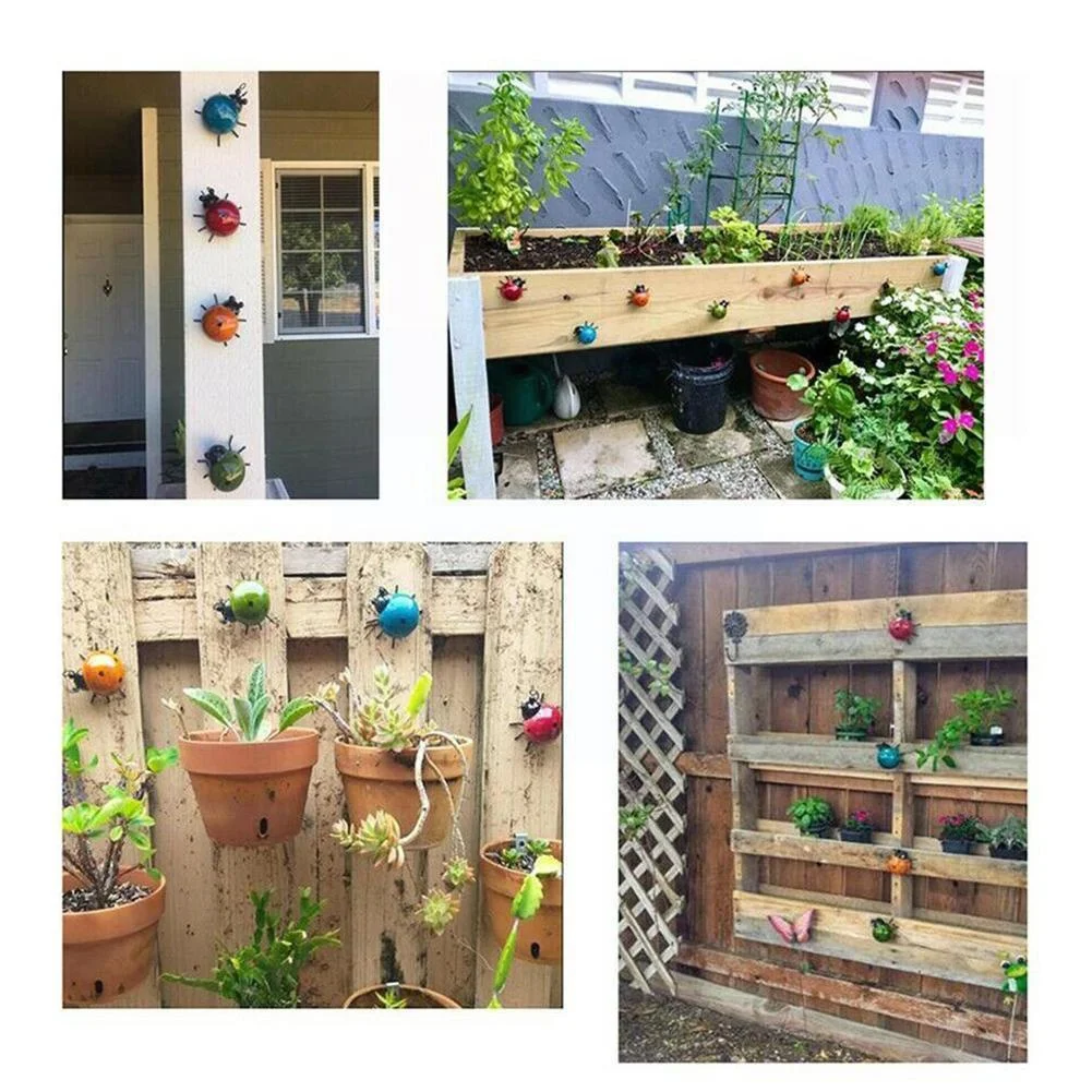 Mini colgador de valla de escarabajo de mariquita de Metal, adorno para colgar en la pared, estatua para Patio exterior, escultura de estatuilla de jardín para decoración del hogar - imagen 3