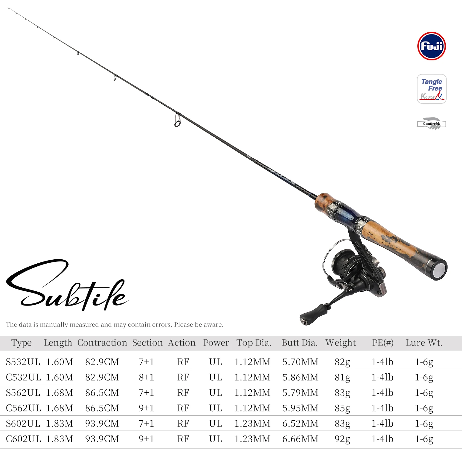 TSURINOYA SUBTILE juego de trucha caña de fundición giratoria guía FUJI 1,60 m 1,68 m 1,83 m UL Power RF caña de pescar de corriente sensible a la acción - imagen 2