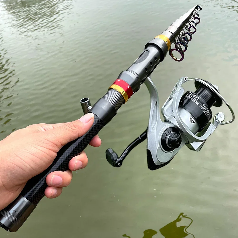 Combo de caña de pescar telescópica de carbono y carrete giratorio, varillas de mar de viaje cortas, Combo de pesca fundida, buena elasticidad, fuerte, 1,8-3,6 m - imagen 5