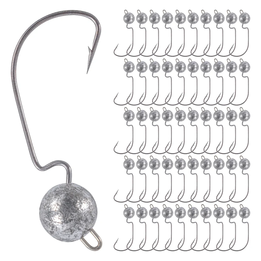 GOTURE 50/caja anzuelo de cabeza grande 3,5/5/7g gancho de cabeza de plantilla de bola redonda sin hierba cabeza de plantilla de vástago largo gancho de grupo de señuelo suave, tiene púas - imagen 4