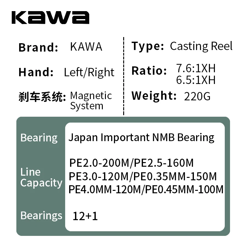 Kawa-carrete de pesca Baitcast, carrete de aleación, arrastre máximo 12kg, NMB 12 + 1 rodamientos, relación de sistema magnético 7,6: 1, carrete ligero A - imagen 3