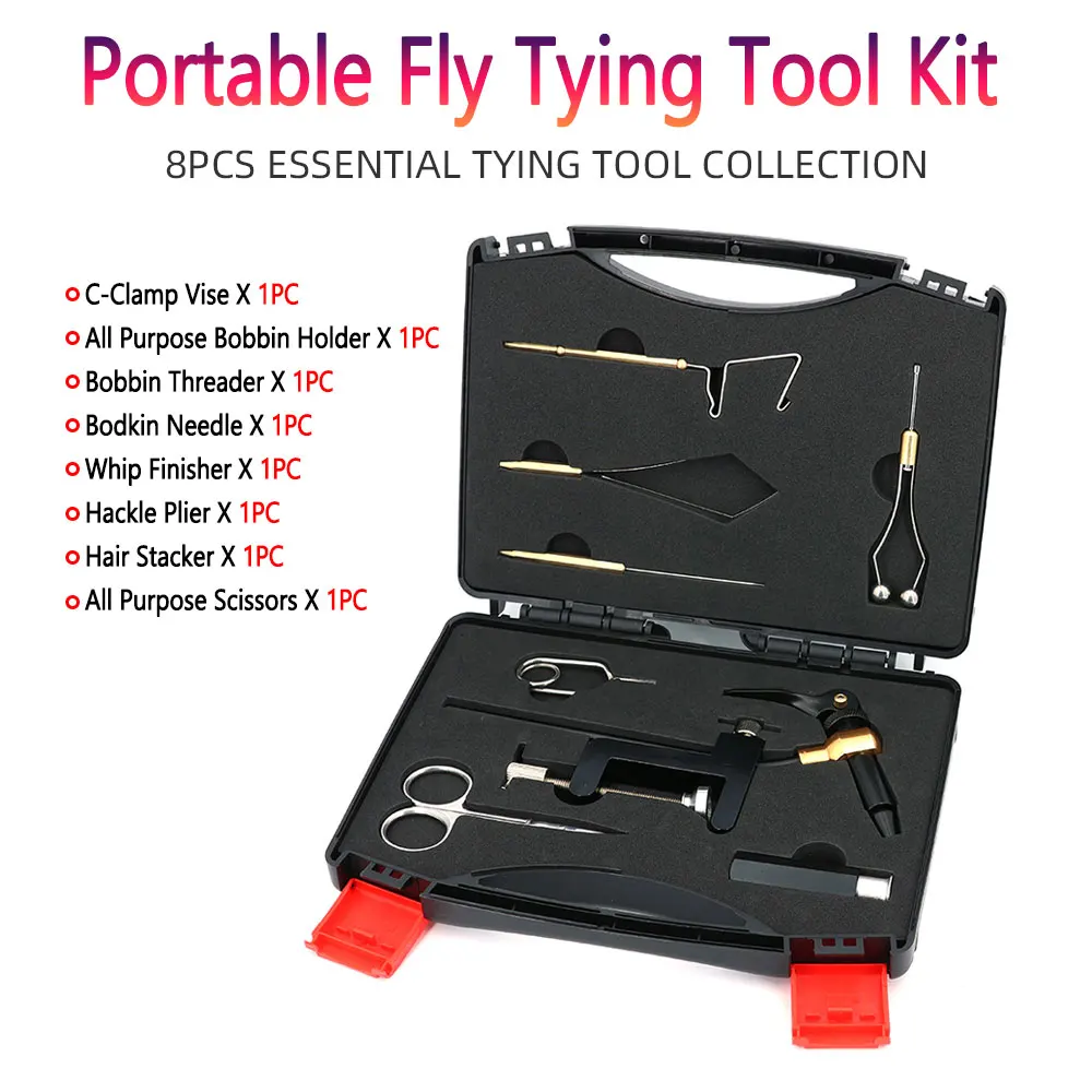1 Juego de herramientas para atar moscas con caja, tornillo de banco con abrazadera en C de acero endurecido, soporte para bobina, enhebrador, látigo, acabado, apilador de pelo para ninfa seca y húmeda - imagen 4
