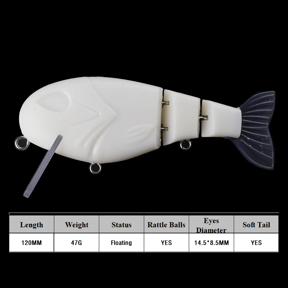 Chan'sHuang-SEÑUELOS hechos a mano, 5 piezas, sin pintar, en blanco, Multi articulado, SwimBait, cola suave, labio Squear, 12CM, 47G, flotante, 3 segmentos - imagen 2