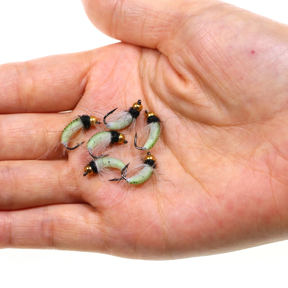 ICERIO 8 Uds cabeza de cuentas de latón hundimiento rápido Caddis verde UV gusano Ninfa Scud piel mosca con pluma CDC Hackle para señuelo de pesca de trucha - imagen 4