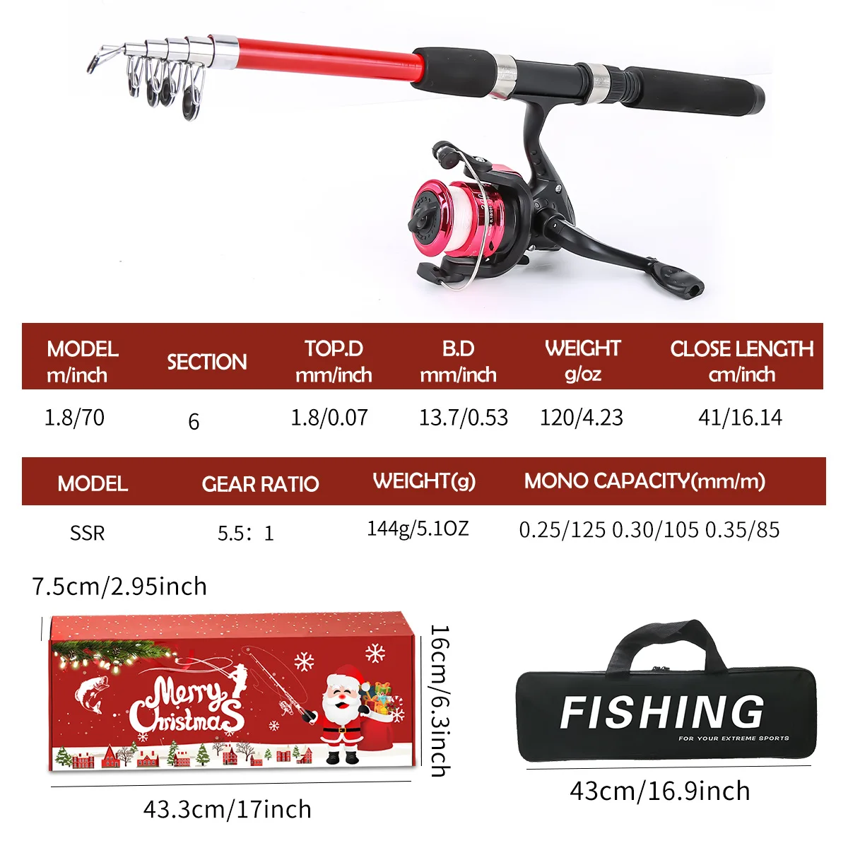 Juego completo de caña de pescar telescópica de fibra de vidrio, Kit de cebo, línea de anzuelo, red de equipo de pesca, caja de regalo de Navidad - imagen 4