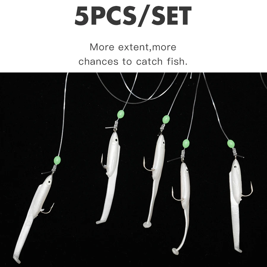 Paquete de 3 señuelos luminosos Sabiki, aparejos de cebo de pesca de Anguila suave, cuentas brillantes de piel de pescado, anzuelo de cuerda de pesca con rodamiento de bolas giratorio - imagen 5