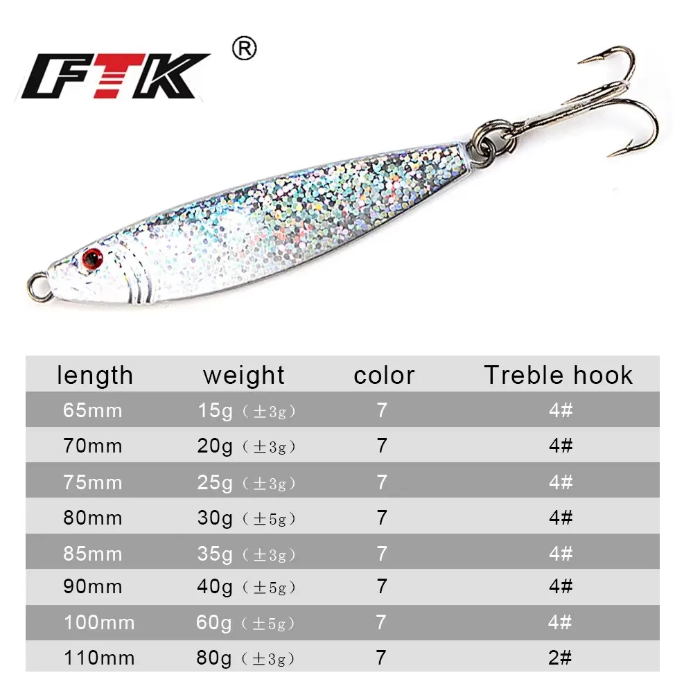 FTK-señuelo de pesca de mar, Micro plantilla luminosa de Metal, 15g-80g, 6,5 cm-11cm, ojo 3D, Jigging lento, con anzuelo triple, cebo Artificial duro - imagen 3