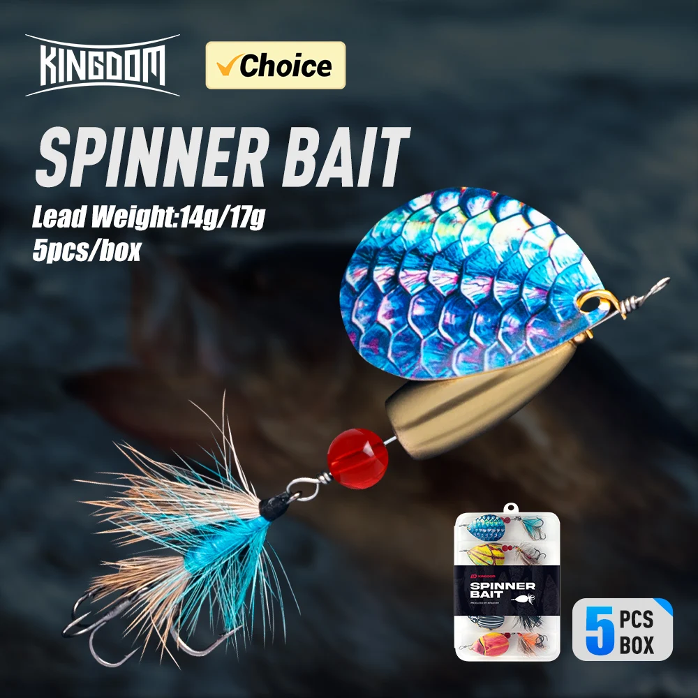 Kingdom Spinner Bait 5 unids/caja cuchara de Metal con anzuelo triple de plumas cebo de lentejuelas de Metal giratorio señuelo de pesca de Lucio Artificial