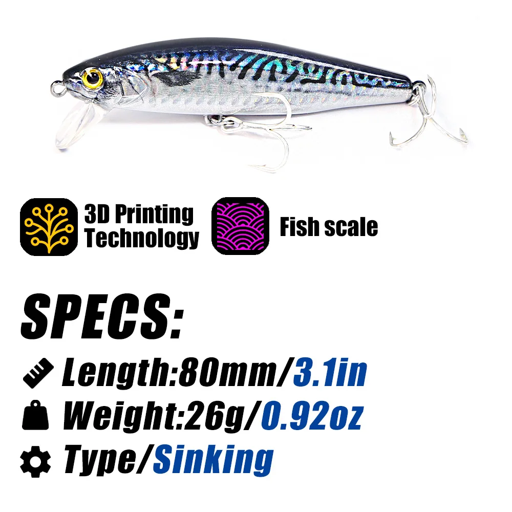 B & U 80mm hundimiento Minnow señuelo duro Jerkbait agua salada larga distancia de fundición Señuelos de pesca mar cebo Artificial Wobblers lubina - imagen 2