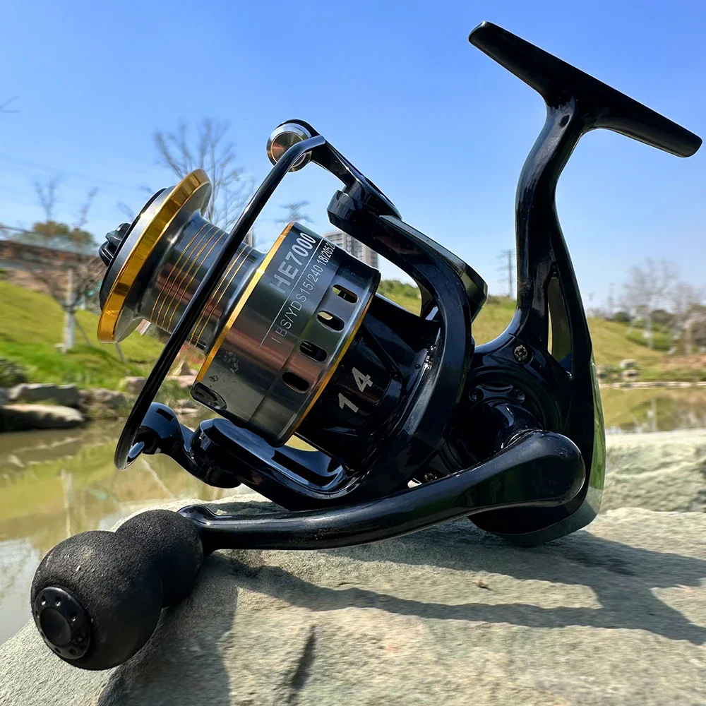 Carrete de pesca Baitcasting serie HE1000-7000, arrastre máximo de 8KG, rueda de Jigging de agua salada ultraligera profesional, accesorios de pesca