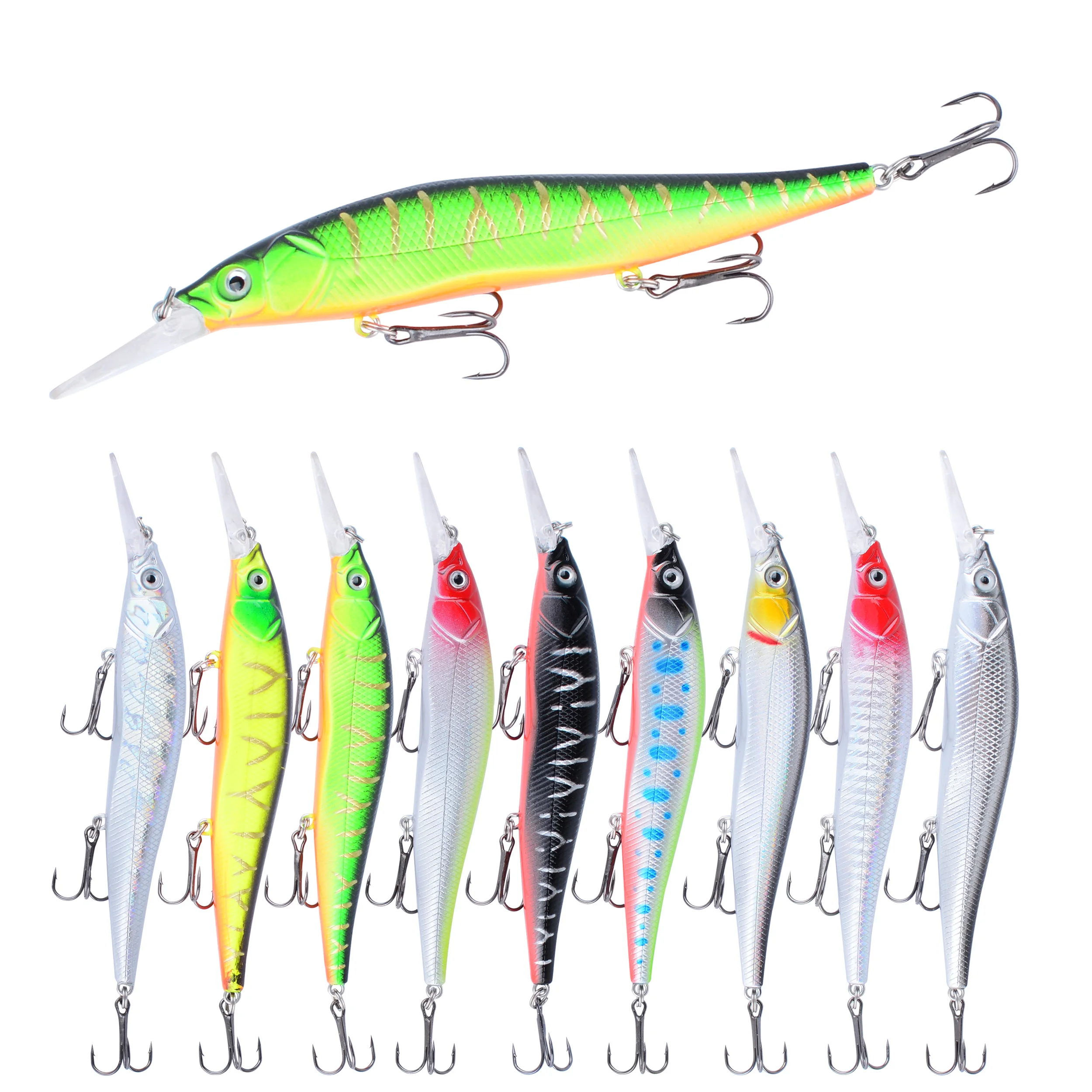 10 Uds. Señuelos de pesca flotantes Minnow Wobblers cebo duro Artificial con Triple gancho para lubina Crankbait