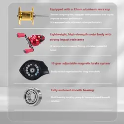 Carrete de pesca Baitcasting de fundición de Metal, relación de engranaje 7,2: 1, carrete de pesca de arrastre máximo de 10Kg, freno magnético de 10 engranajes, perilla de descarga de orificio grande