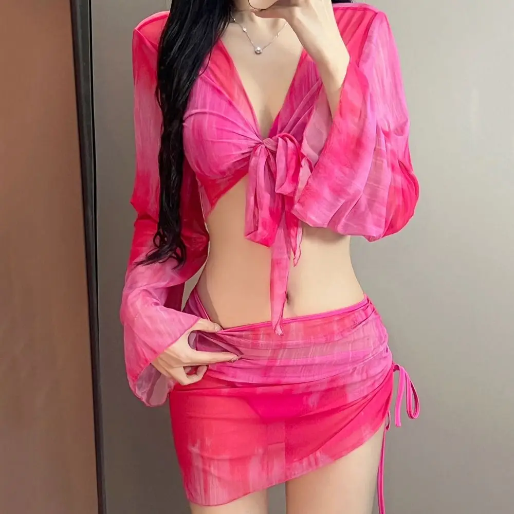 Conjunto de Bikini Tie Dye de malla de manga larga, conjunto de traje de baño de 4 piezas, Top corto con cordones, minifalda con cordón, traje de baño para vacaciones - imagen 3