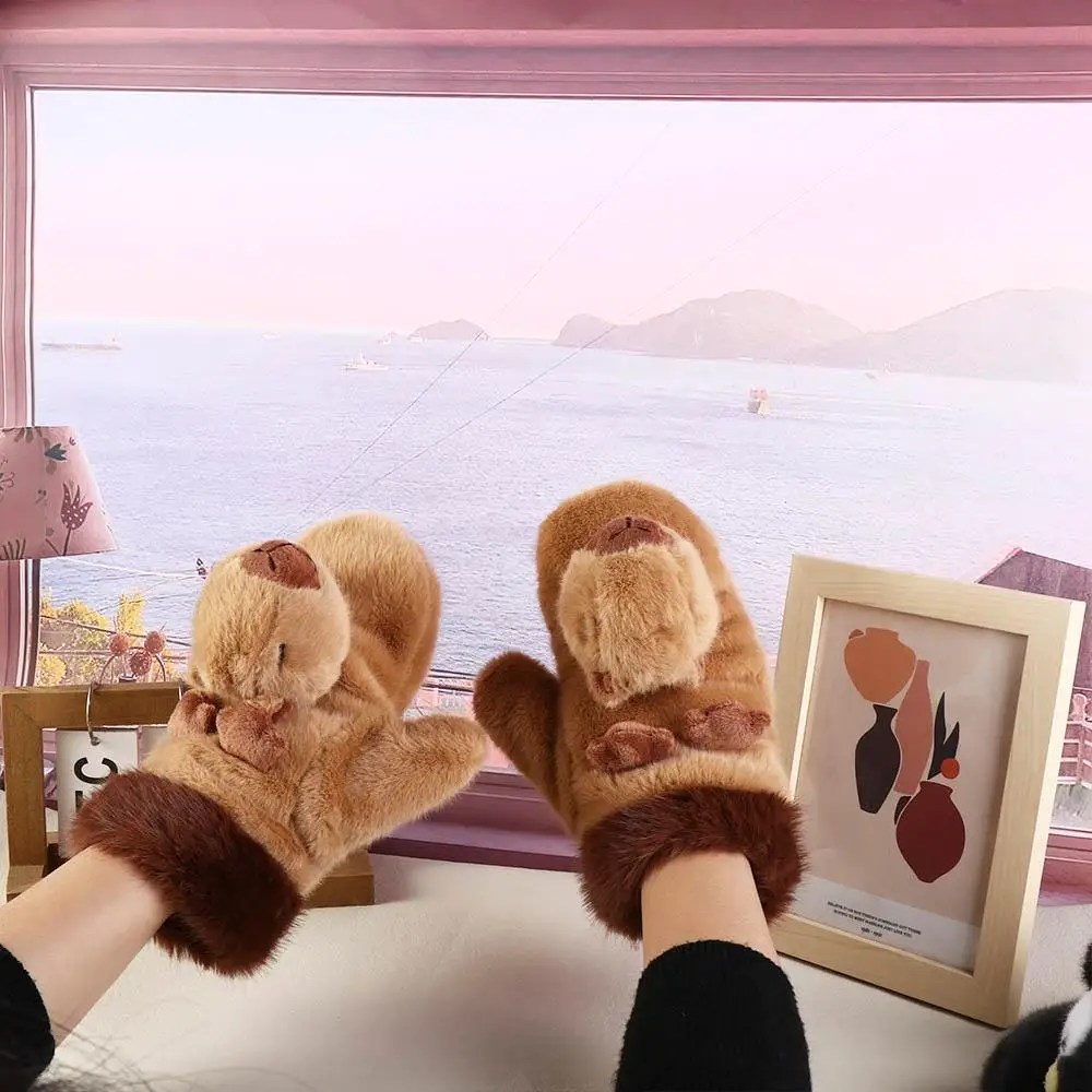 Capybara Capybara guantes de felpa pingüino Animal pingüino de peluche guantes cálidos de felpa protección contra el frío diseño de dibujos animados guantes de felpa de animales - imagen 2