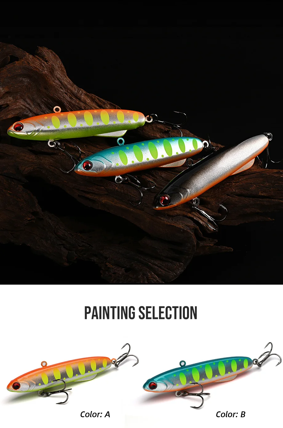 Explore la selección de color vibrante para los señuelos de pesca con el color A y el color B