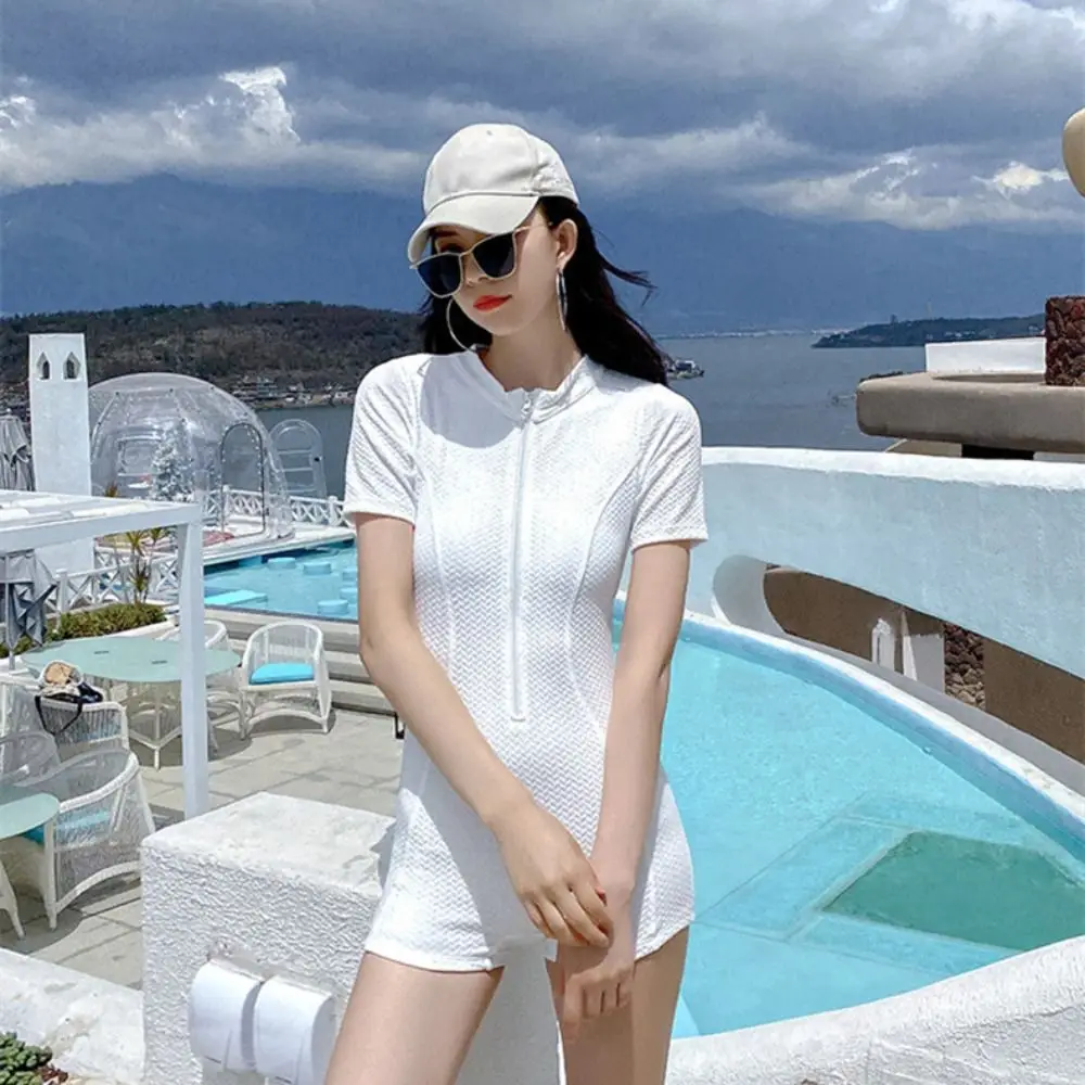 Nueva moda traje de baño de manga corta sólido medio cuello alto traje de baño azul cuello alto protector contra sarpullidos primavera caliente - imagen 4