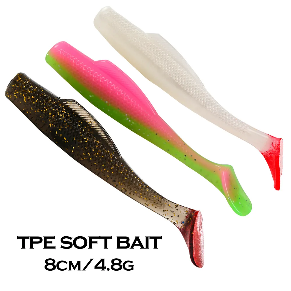 6 uds señuelo de Pesca cebo suave 85mm 4,8g cebo de silicona paleta cola en T Wobblers artificiales Shad Jig cabeza gancho para Pesca de trucha lubina - imagen 3