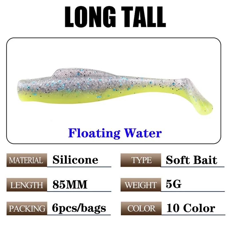 6 uds cebo flotante de silicona suave 85mm 5g T cola Jigging Wobbler señuelo aparejos de pesca para lubina Lucio trucha Swimbait artificial - imagen 2