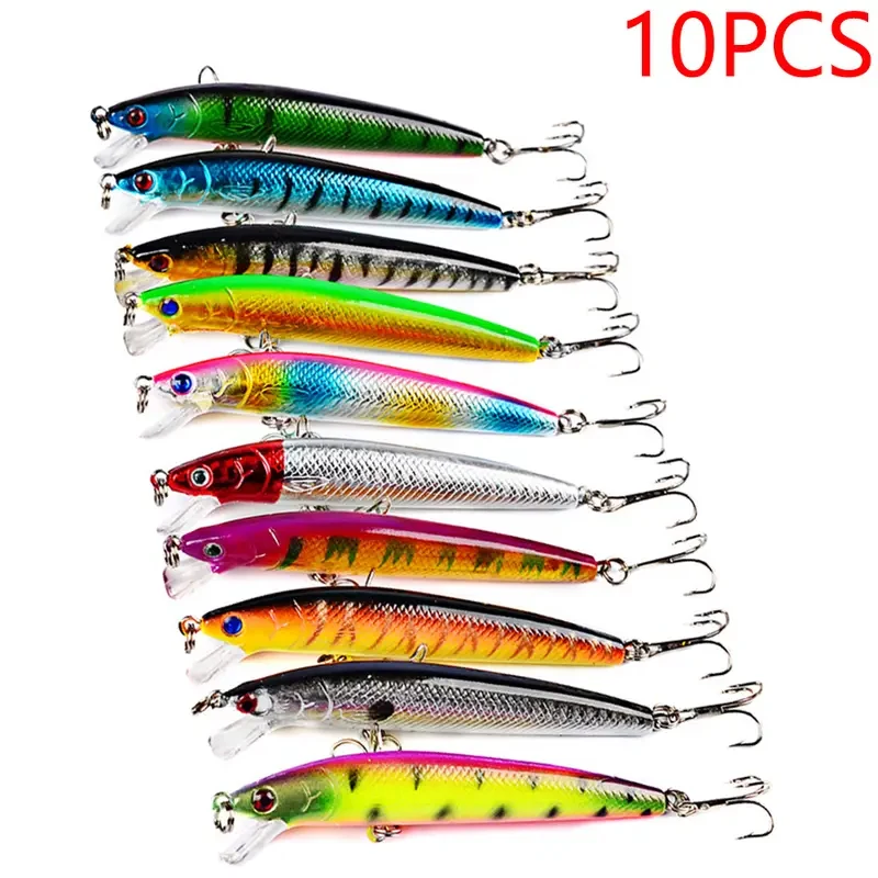 Señuelo de pesca de cola larga, cebo duro flotante, Wobbler Artificial, Crankbait, ojo 3D, 10 colores, aparejos de pesca de perca de carpa, 10 Uds.