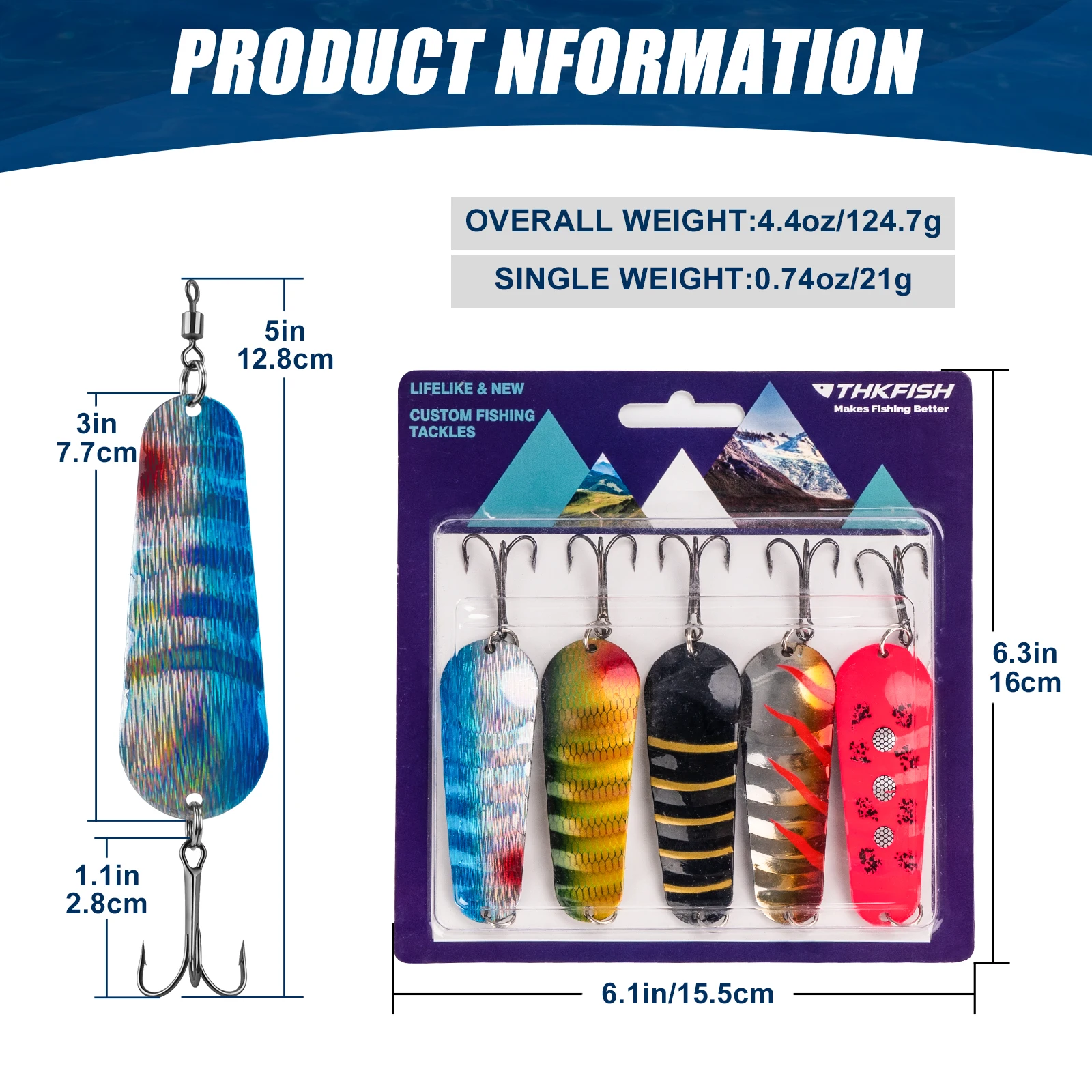 THKFISH 5 uds cucharas de pesca señuelo de Metal 21g cebos duros artificiales con anzuelo triple Spinner cuchara de lentejuelas Kit de Señuelos de Pesca