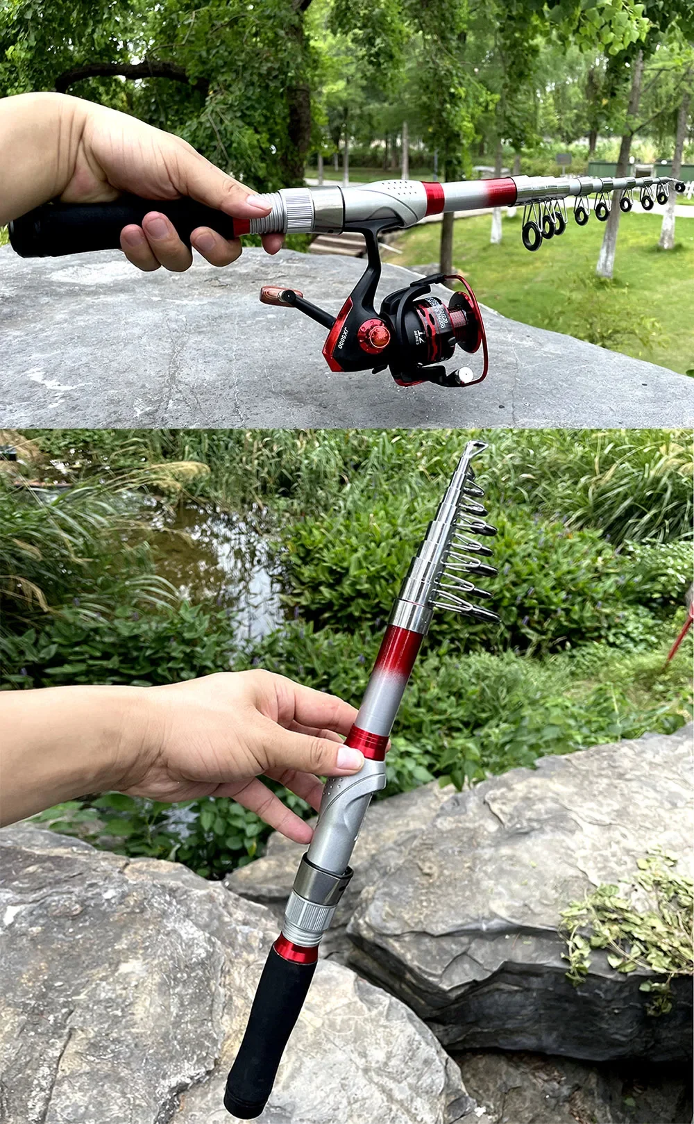 Experimente la emoción de la pesca con esta caña de pesca versátil y portátil