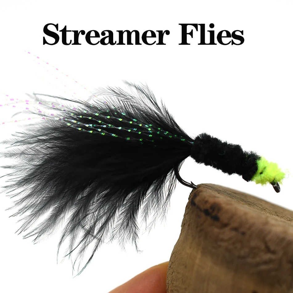 MNFT-6 piezas, 6 #, huevo negro, Mosca de sanguijuela, marabú de cabeza amarilla con serpentina de pesca de trucha Flashabou - imagen 3