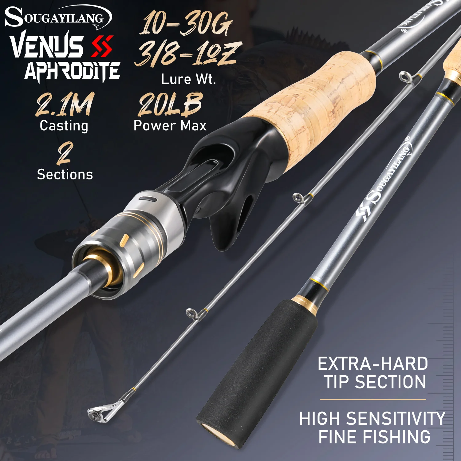 Caña baitcasting de carbono Sougayilang, mango de madera, lubina - imagen 3