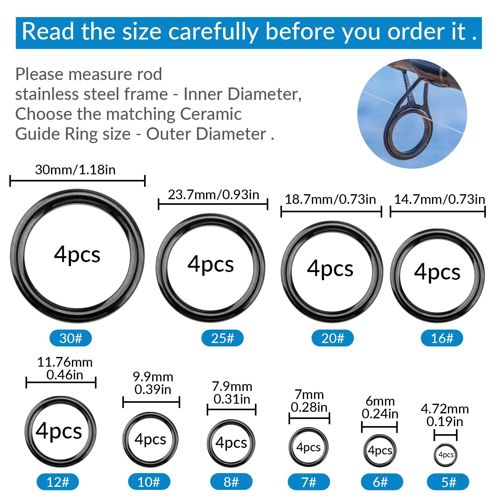 THKFISH 40 Uds anillo guías de caña de pescar 4mm-30mm anillos redondos O de cerámica para guías de cañas accesorios de repuesto aparejos de pesca - imagen 3