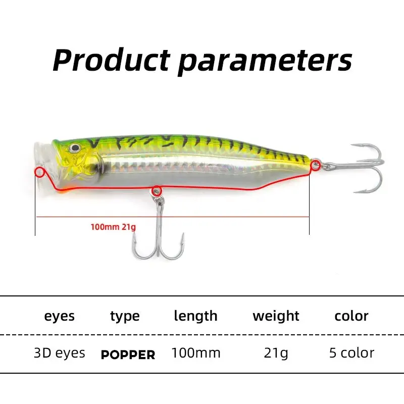 Señuelo de pesca Popper Topwater, 1 unidad, 100mm, 21g, cebo Popper con revestimiento láser, ojos de pez 3D con anzuelos afilados para lubina, trucha, Lucio, Wobblers - imagen 2