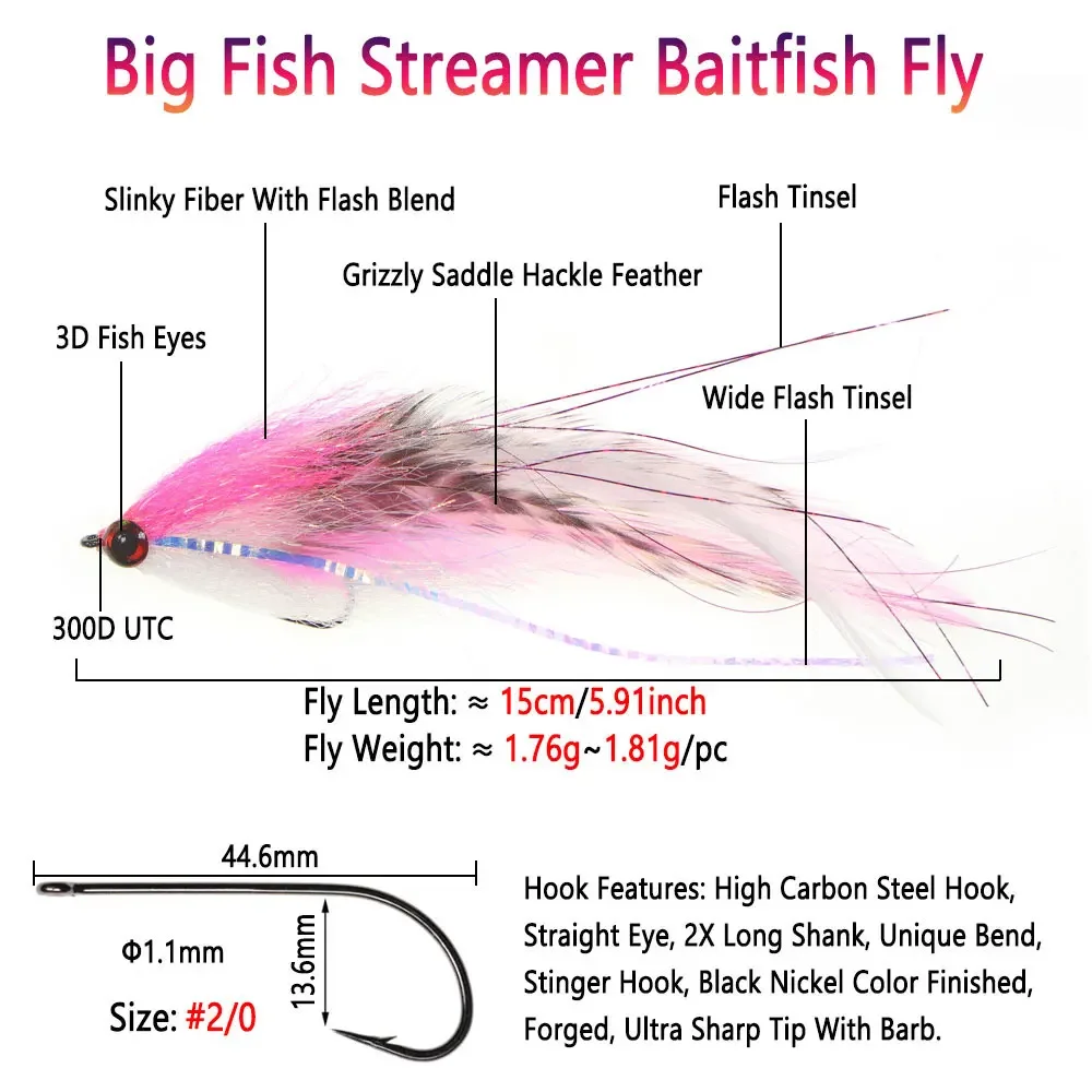 Bimoo # 2/0 15cm/5,91 pulgadas Big Streamer Baitfish Fly Flash Grizzly sillín Hackle cebo trucha Lucio almizclado lubina señuelo de pesca de agua salada - imagen 3