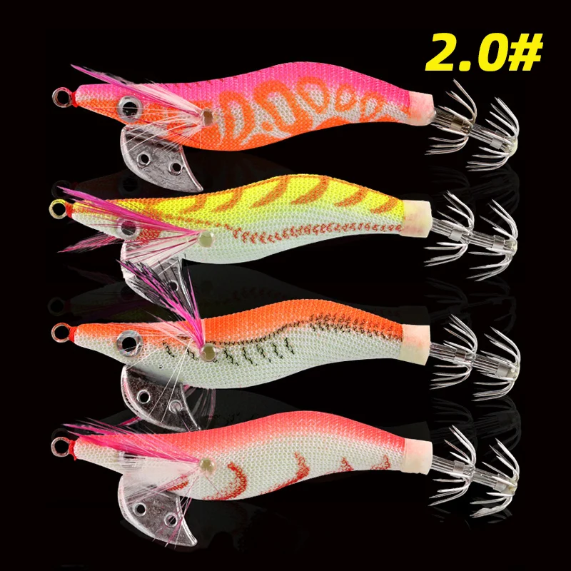 Plantilla de calamar Horizontal luminosa, gancho de calamar y camarones de madera, 20 piezas, 2,0 #   Señuelos de pesca pulpo sepia camarones cebos de agua salada - imagen 2