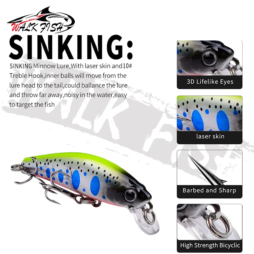WALK FISH-señuelo duro de hundimiento de pececillos japoneses, aparejos de Pesca de trucha Wobbler, manivela de agua dulce, cebo duro Artificial, 1 unidad, 5,6 cm, 6,8g - imagen 3