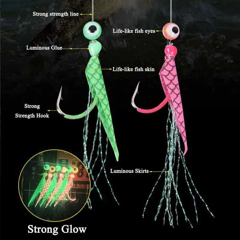 6/9 anzuelos Sabiki Rigs Señuelos de pesca de agua salada aparejos de cebo piel de pescado Real gancho de cuerda caballa que brilla en la oscuridad Flash Sabiki Rigs - imagen 5