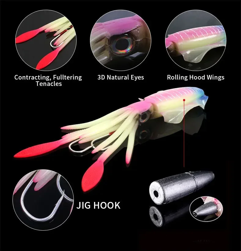 Cebo de calamar suave UV de 60g, señuelo de pesca con curricán, plantillas con cabeza de pulpo, plantilla de calamar luminosa para pesca en barco de aguas profundas, cebo Wobblers - imagen 4