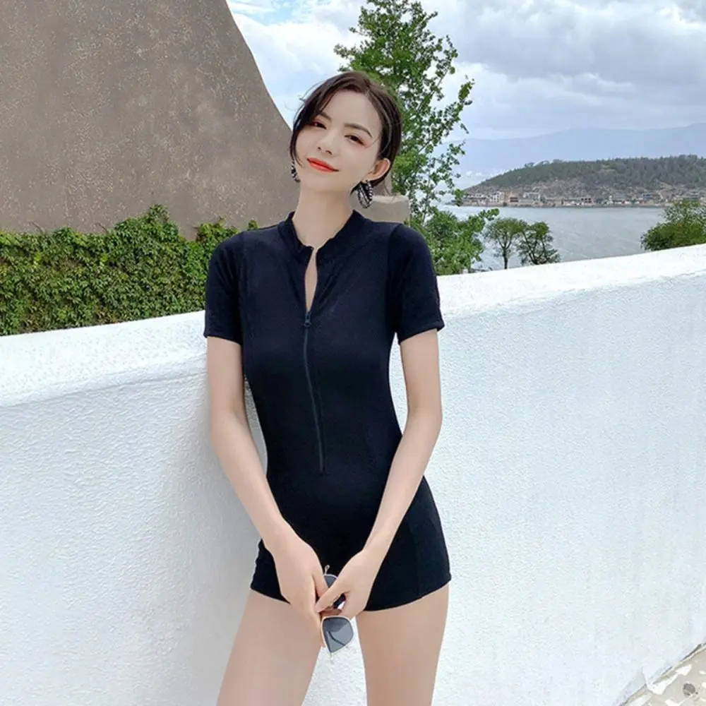 Nueva moda traje de baño de manga corta sólido medio cuello alto traje de baño azul cuello alto protector contra sarpullidos primavera caliente - imagen 3