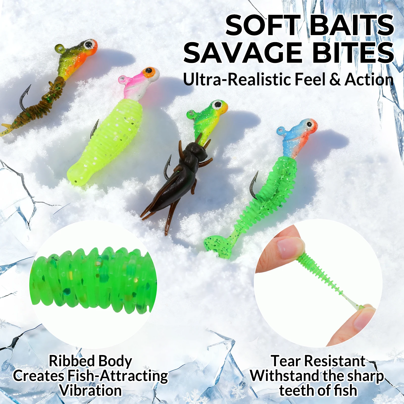 Kit de plantillas y señuelos para pesca en hielo, 9KM, 45-89 Uds., anzuelo para Panfish, tipo de pez, trucha, Walleye, juego de equipo de pesca en hielo con cebos blandos - imagen 4