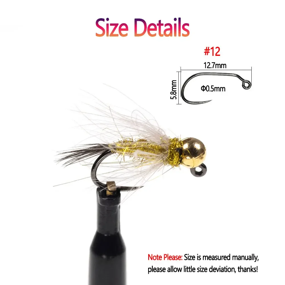 Bimoo 6 piezas # 12 cabeza de cuentas de tungsteno CDC Hackle Jig Ninfa Fly Pheasant Tail hundimiento rápido húmedo Euro Ninfa mosca trucha Señuelos de pesca - imagen 3