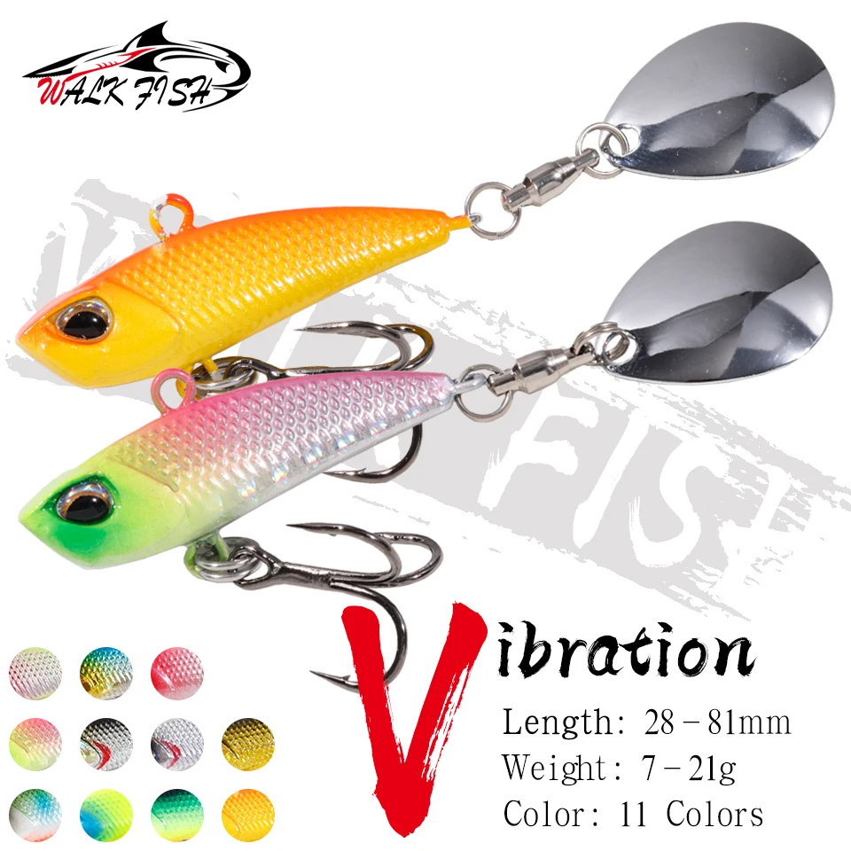 WALK FISH-cebo giratorio VIB de Metal, 7g, 11g, 15g, 21g, señuelo de Pesca con vibración, cola giratoria, lentejuelas, Wobbler japonés, cebo de Pesca