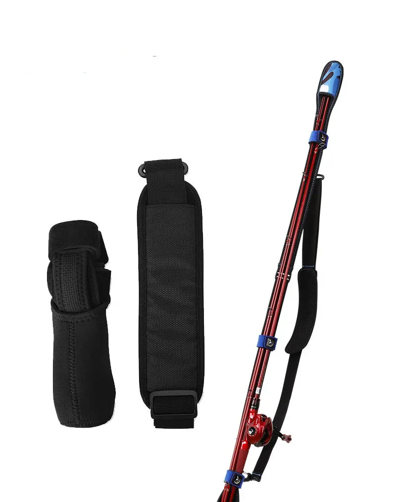 una caña de pescar con una correa de transporte cómoda y una manga protectora
