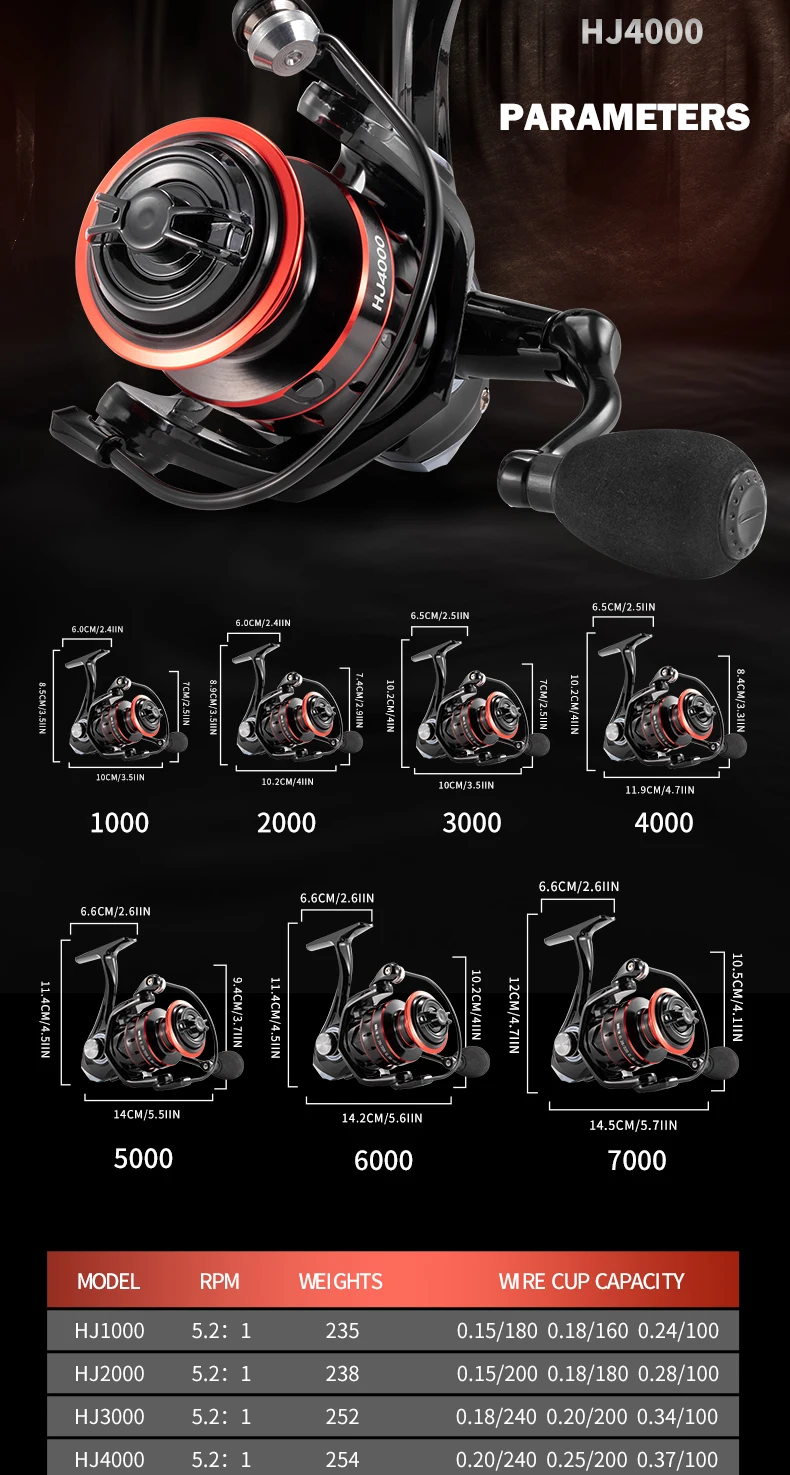Descubra el HJ4000 un carrete de pesca versátil con pesos ajustables y capacidad de clip de alambre para un rendimiento óptimo