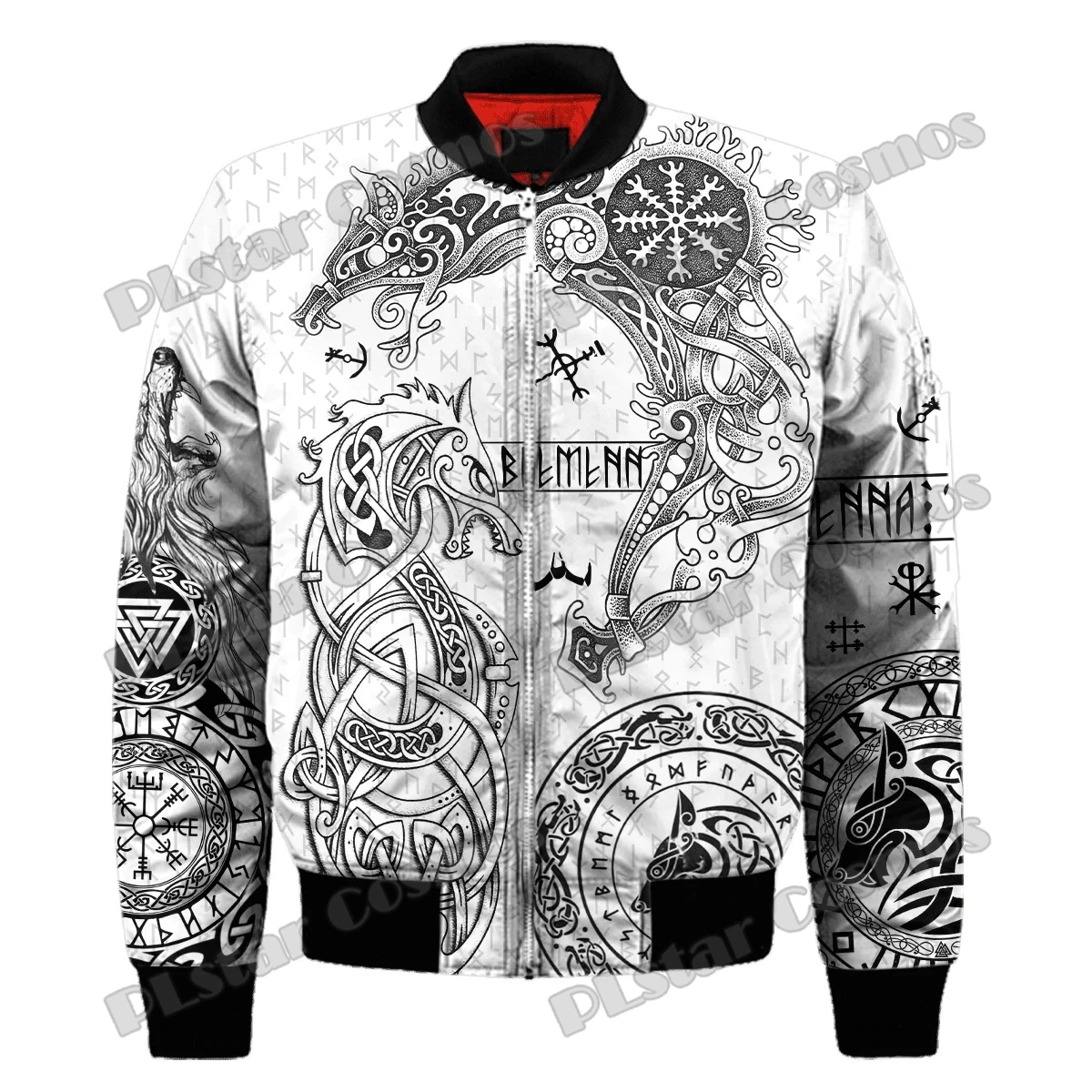 Chaqueta Bomber de invierno para hombre Muninn Raven Tattoo Vegvisir rojo estampado 3D bolsillo grueso abrigo con cremallera Unisex Casual chaqueta cálida con cremallera FX-07 - imagen 5