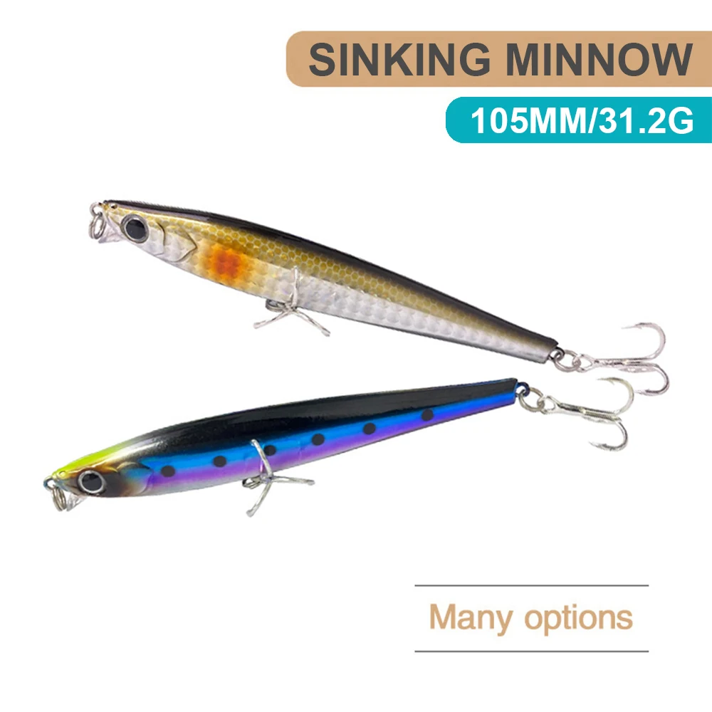 Señuelos de Pesca de 10,5 cm y 31,2g, cebo duro Artificial de fundición larga, Jerkbait, para pesca de lubina en agua de mar, Minnow Wobbler, MN621 - imagen 2