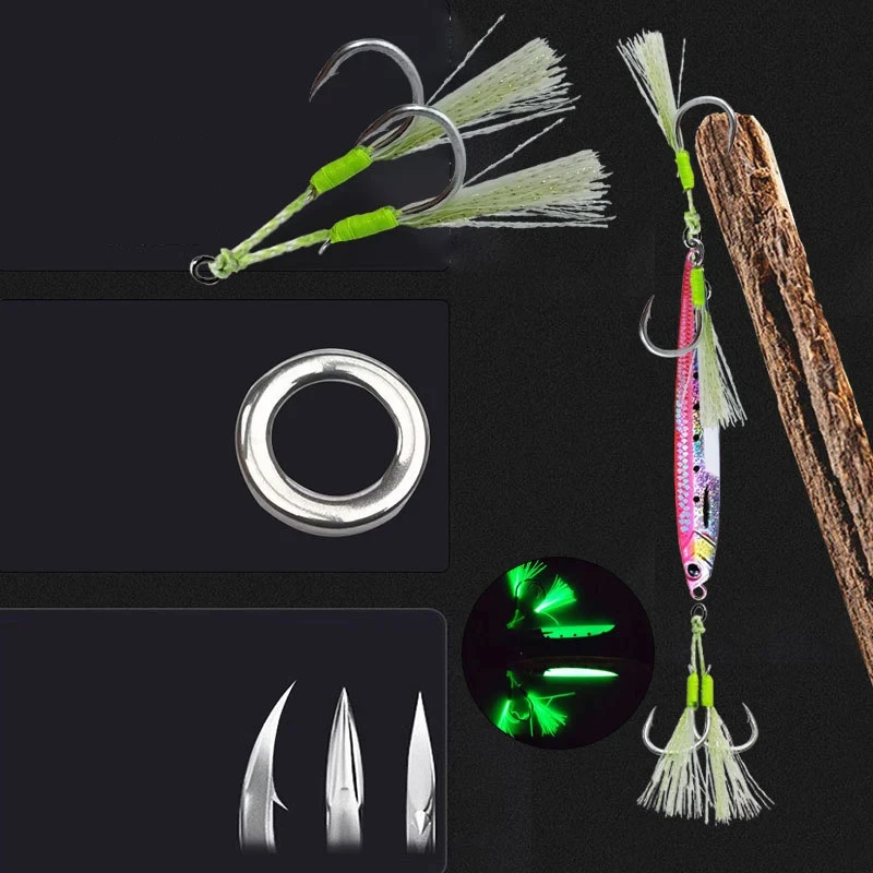5 par/bolsa anzuelos de asistencia de doble púas anzuelos de señuelo de plantilla brillante anzuelos de Jigging lento pesca accesorios de señuelo de pesca de acero rico en carbono - imagen 5