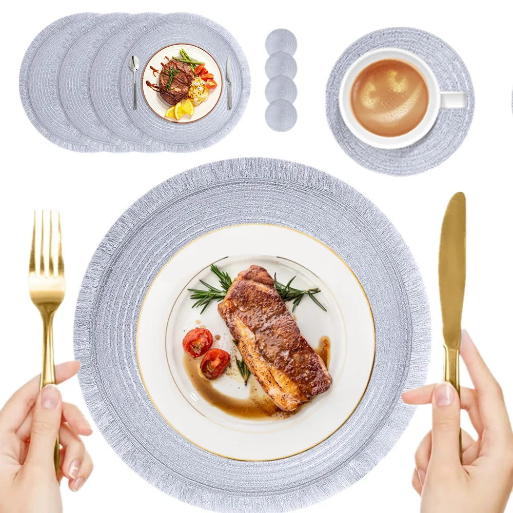 Juego de 4/12 manteles individuales redondos tejidos con mascotas, manteles individuales bohemios con borlas, manteles antideslizantes resistentes al calor para el hogar, boda, cocina - imagen 3