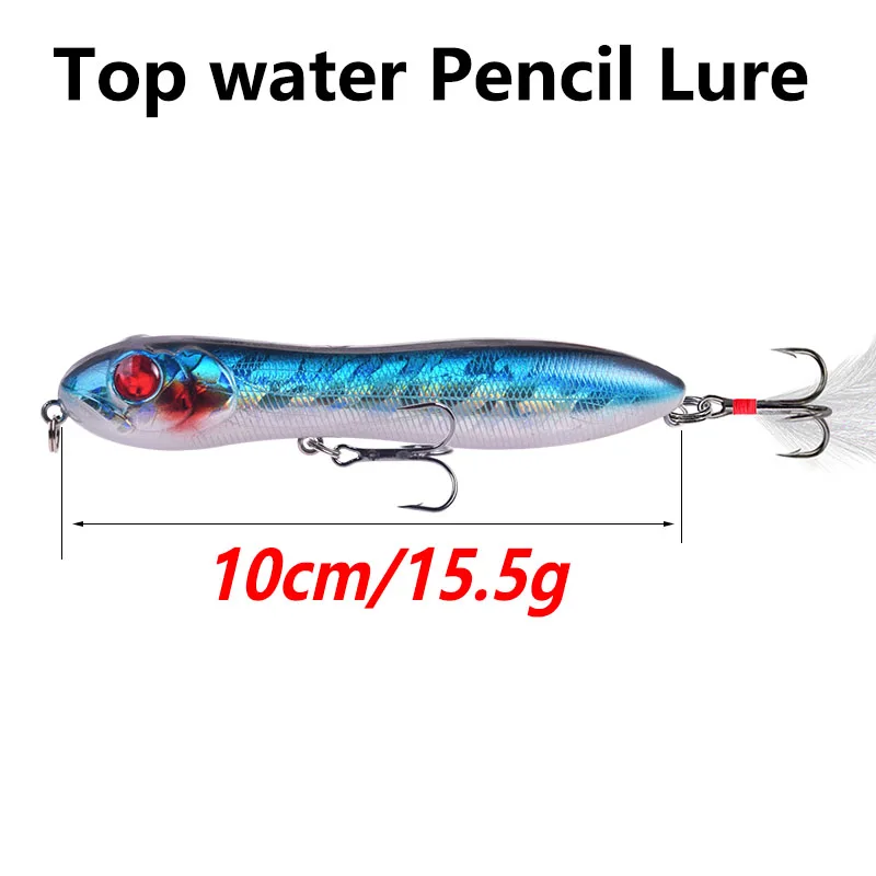 Un señuelo tipo lápiz de agua superior. Es un tipo de señuelo de pesca diseñado para pescar en la superficie del agua, imitando el movimiento de un pequeño pez o insecto. El señuelo se utiliza normalmente para la pesca de lubinas y otras especies que se alimentan en la superficie.