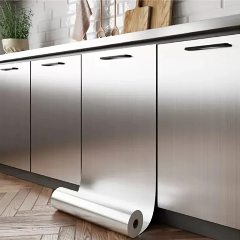 Adhesivo de pared impermeable de Metal cepillado plateado, 40cm, acero inoxidable, cocina, sala de estar, refrigerador, encimera, papel tapiz adhesivo - imagen 4