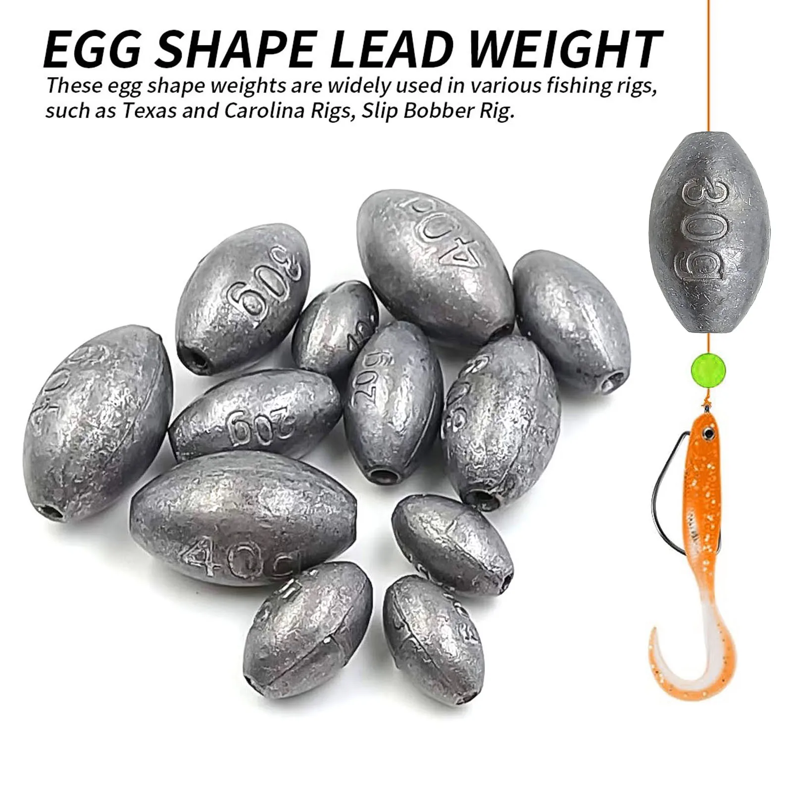 Pesas de huevo para pesca de agua dulce, plomos de gusano de plomo, ovalados, antideslizantes, aparejo de pesca de lubina de Texas, agua dulce, 10g a 40g - imagen 5